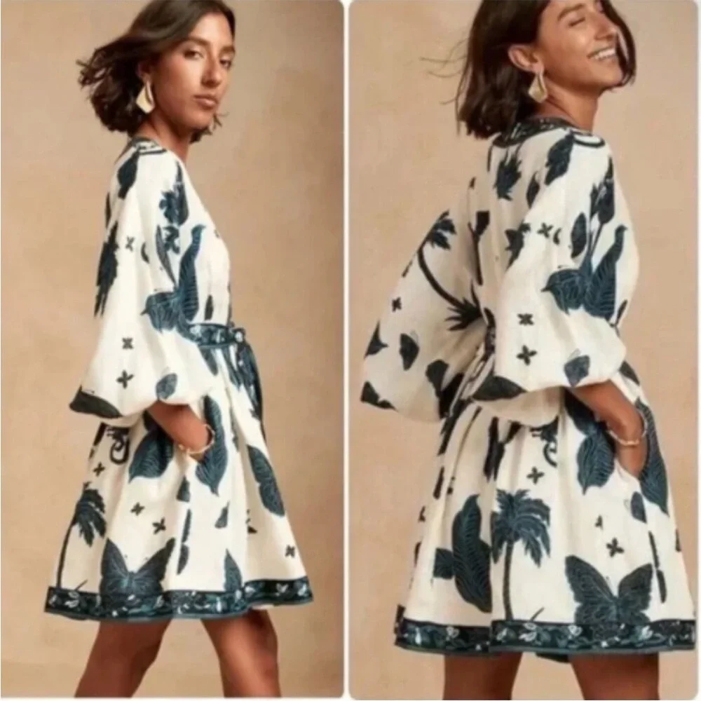 NWT Banana Republic “Zimmerman Style”White with Dark Teal Butterfly 🦋 Print 6P - Picture 1 of 6
